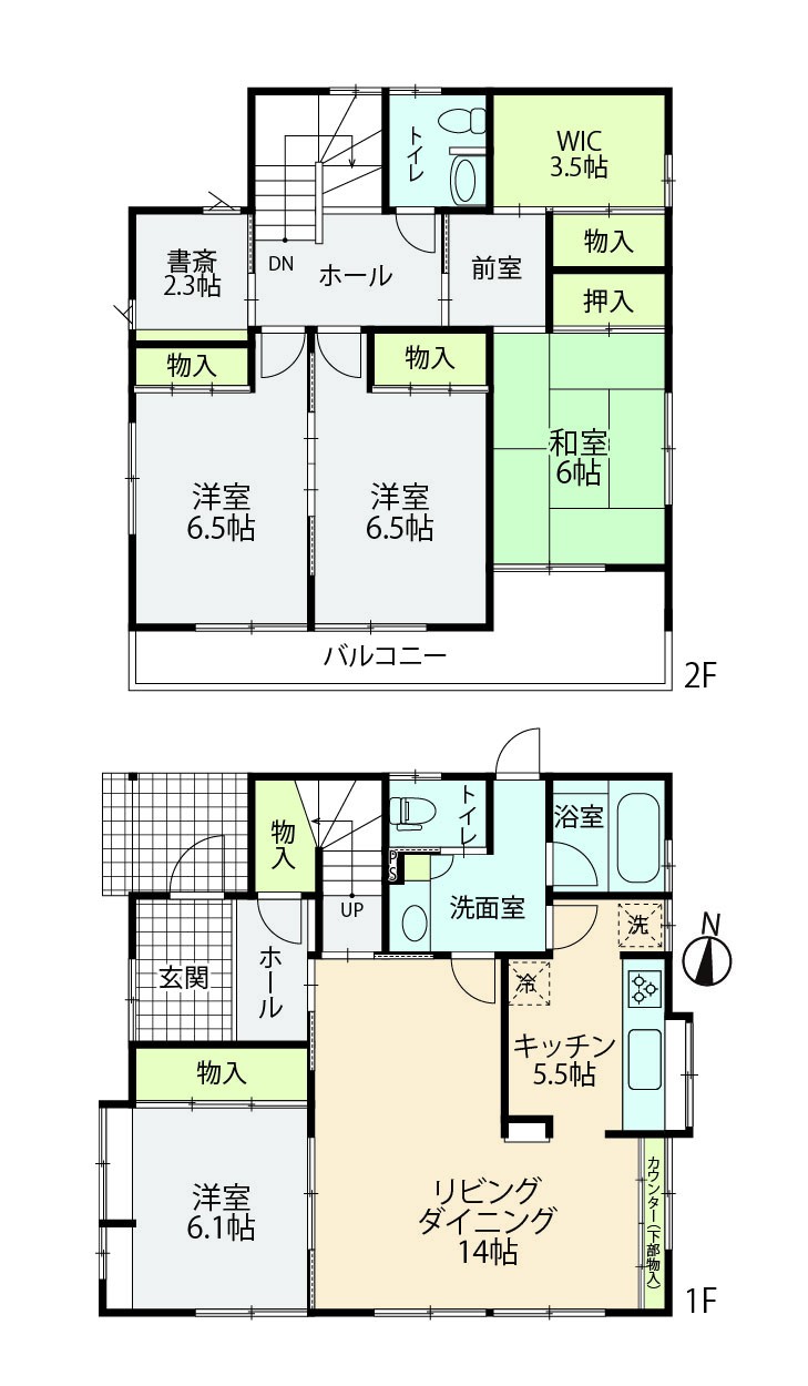 木造２階建ての４LDK＋W.I.C＋書斎・各居室は６帖維以上あり全室南向き